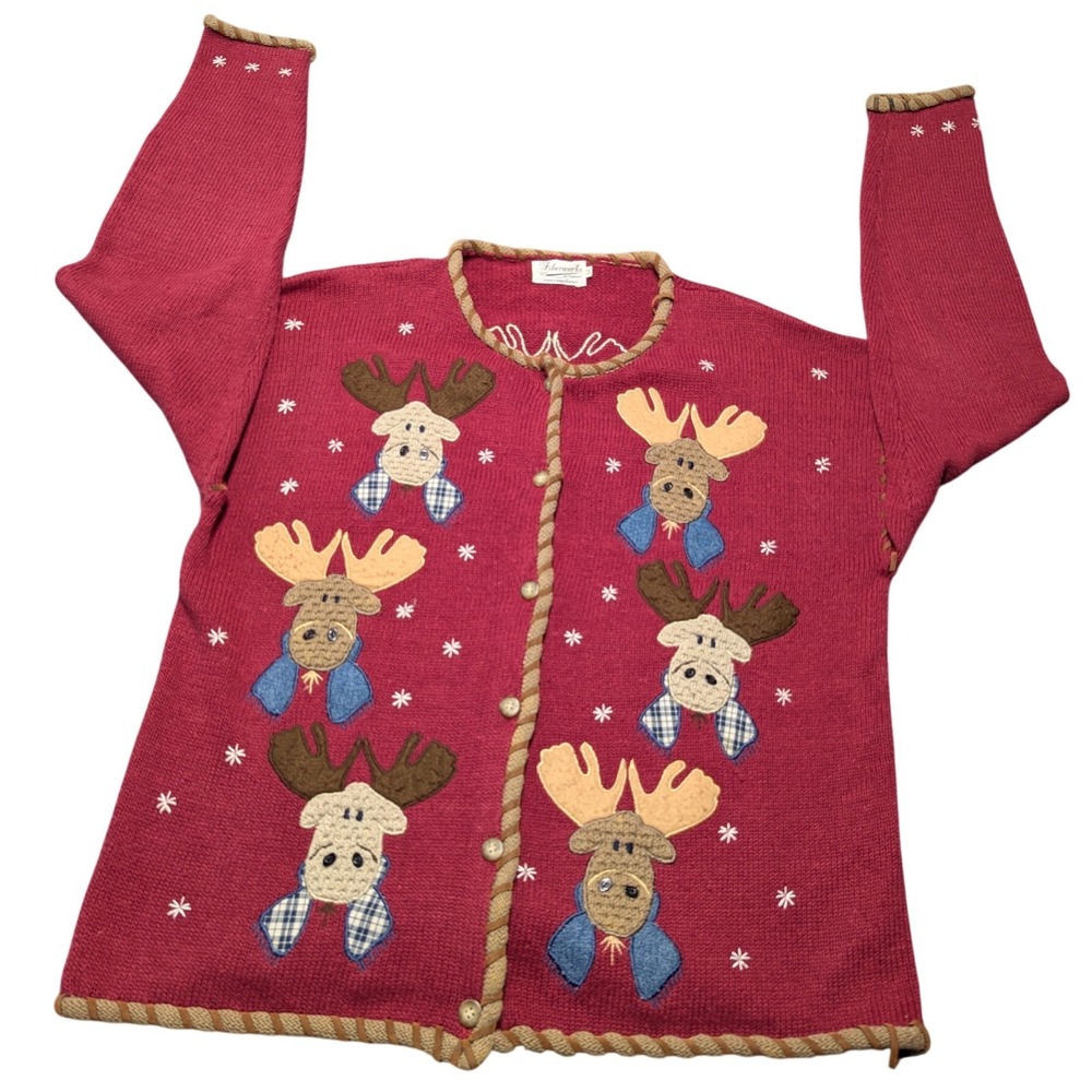 Fiberworks Artwear Red Cotton Hand Embroidered Moose Holiday Cardigan Sweater M
